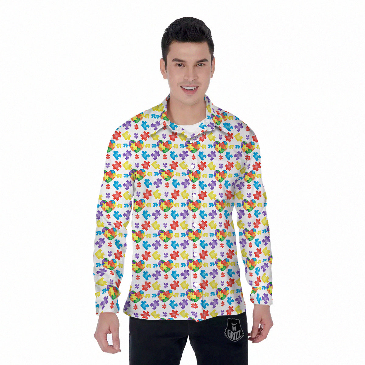 Autism Awareness Print Pattern Men's Long Sleeve Shirts-grizzshop
