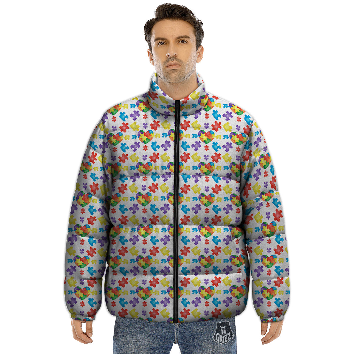 Autism Awareness Print Pattern Puffer Jacket-grizzshop