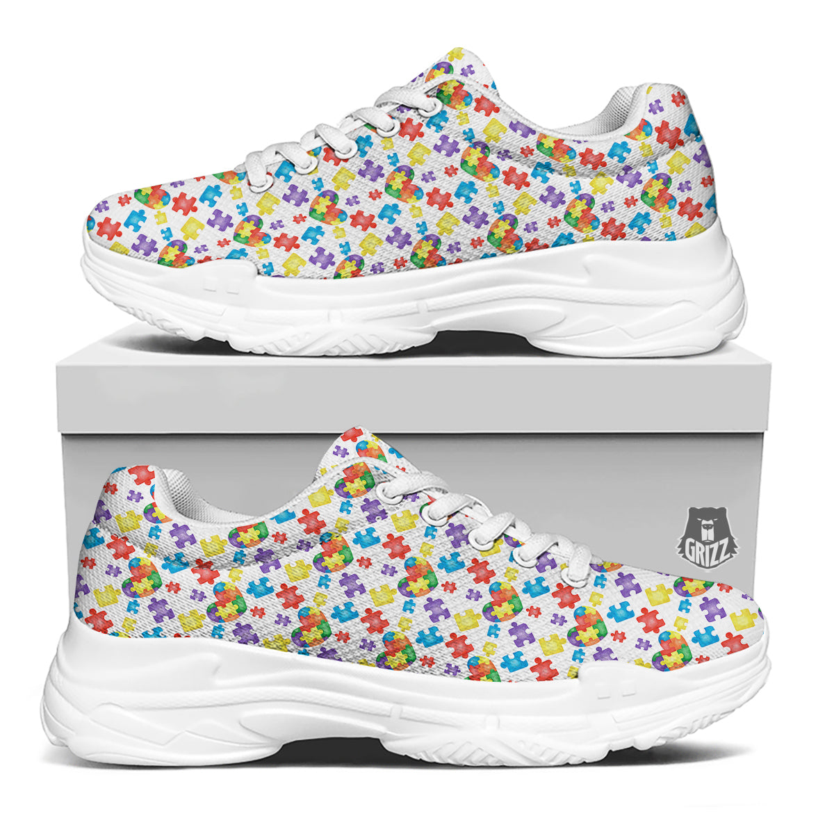 Autism Awareness Print Pattern White Chunky Shoes-grizzshop