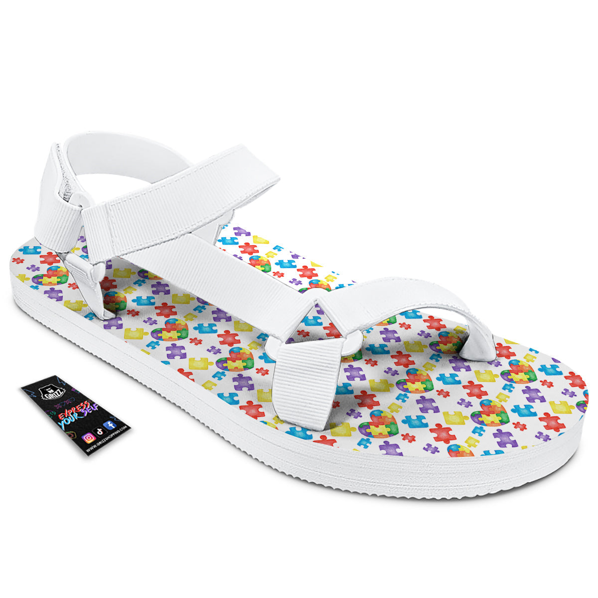 Autism Awareness Print Pattern White Open Toe Sandals-grizzshop