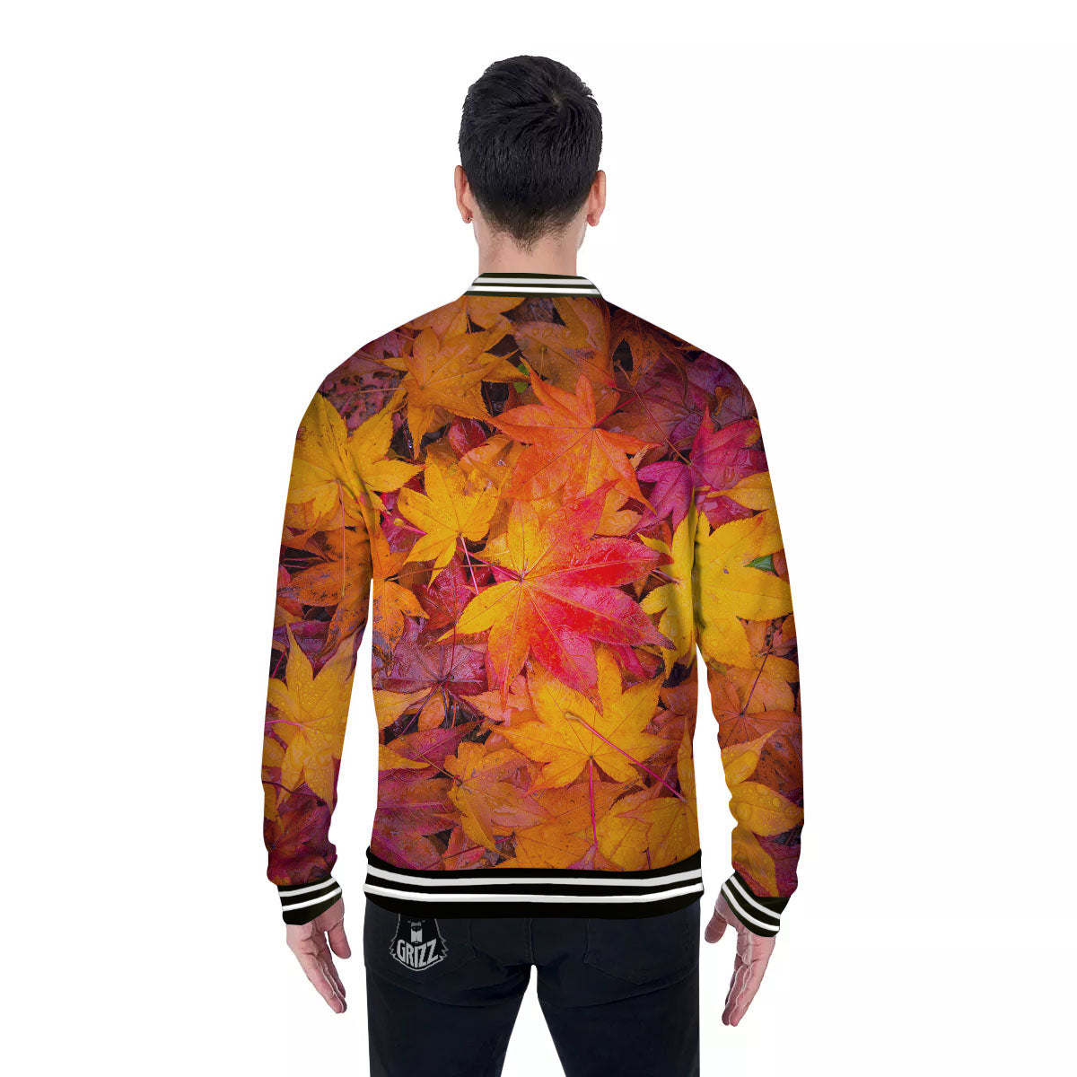 Autumn Leaves Print Baseball Jacket-grizzshop
