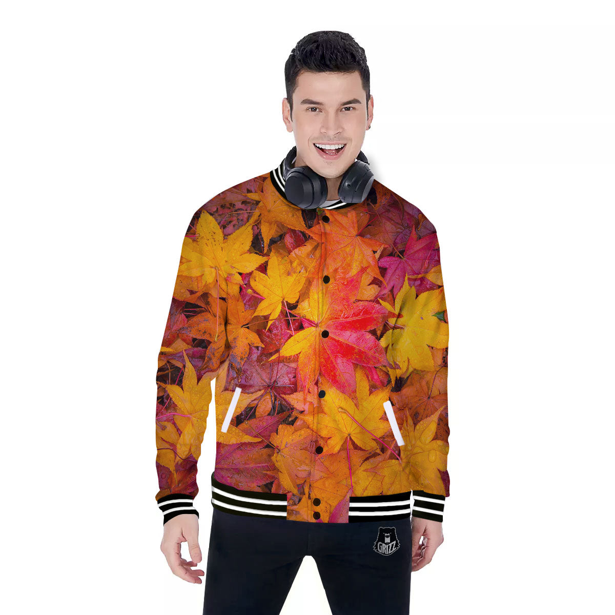 Autumn Leaves Print Baseball Jacket-grizzshop