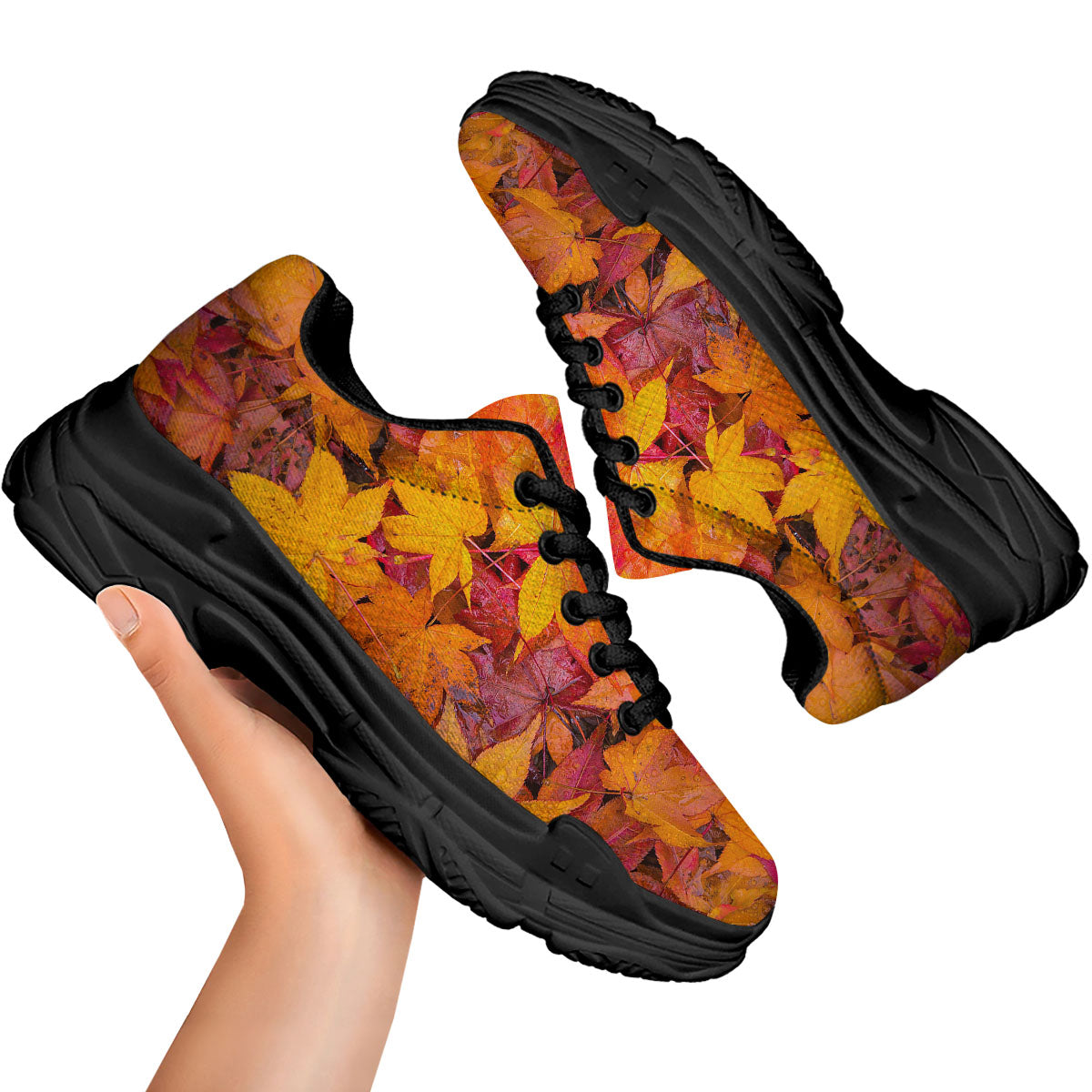 Autumn Leaves Print Black Chunky Shoes-grizzshop