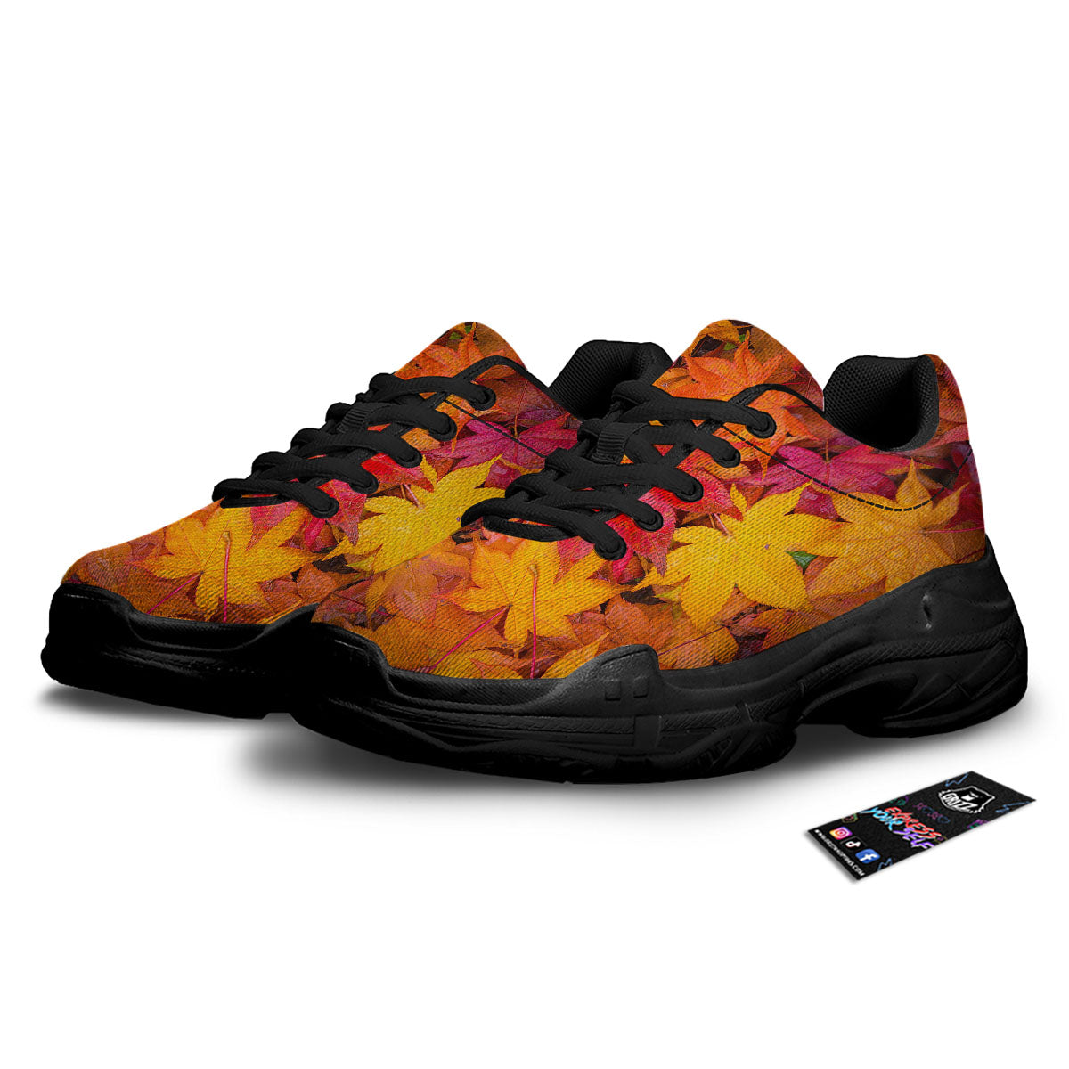 Autumn Leaves Print Black Chunky Shoes-grizzshop