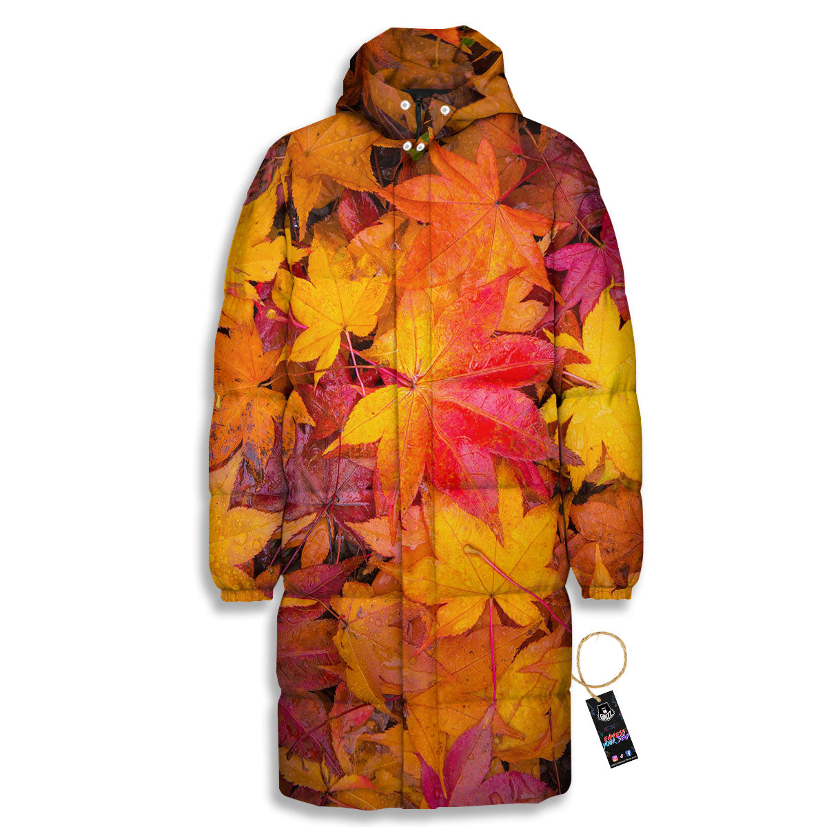 Autumn Leaves Print Long Down Jacket-grizzshop