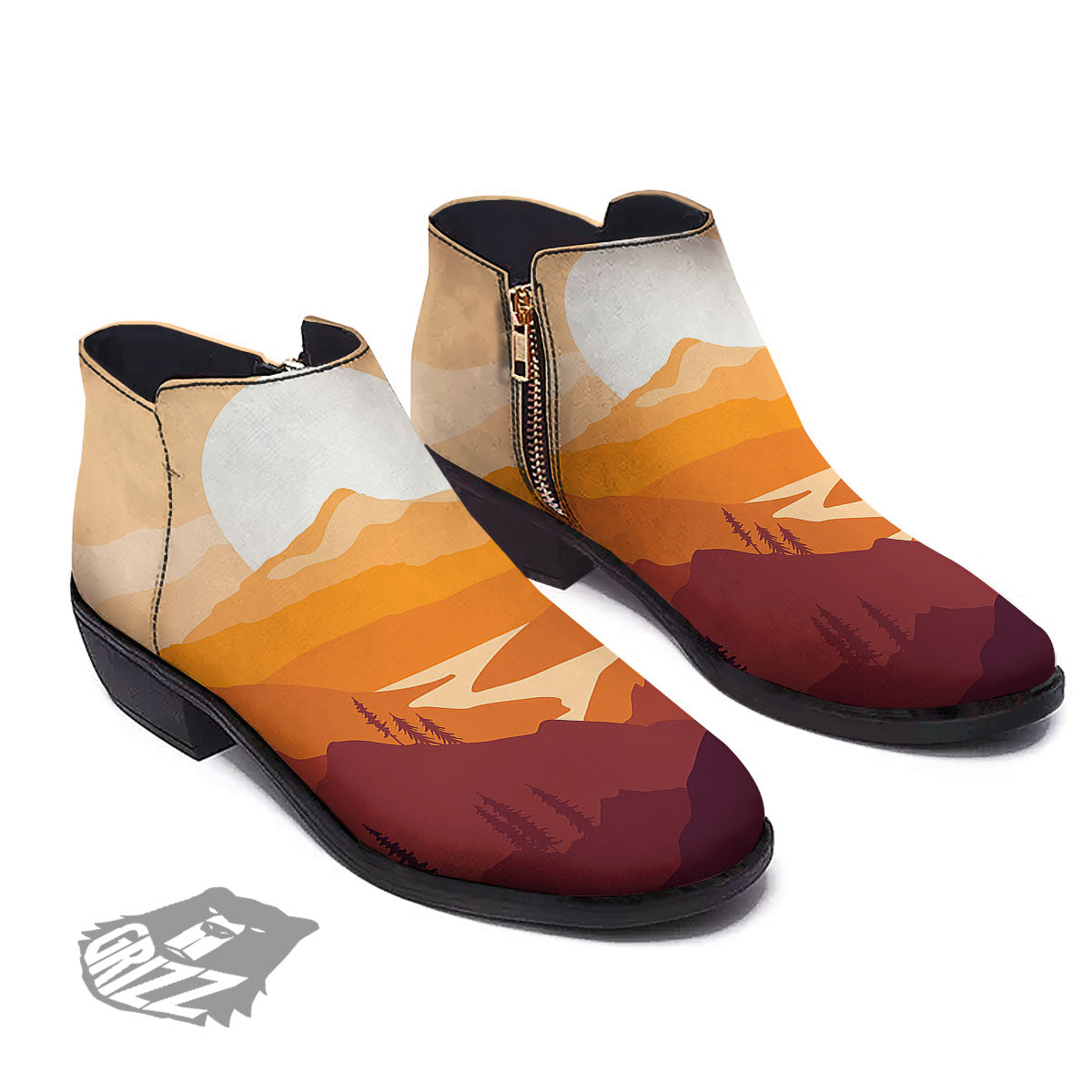 Autumn Mountains Sunset Print Ankle Boots-grizzshop