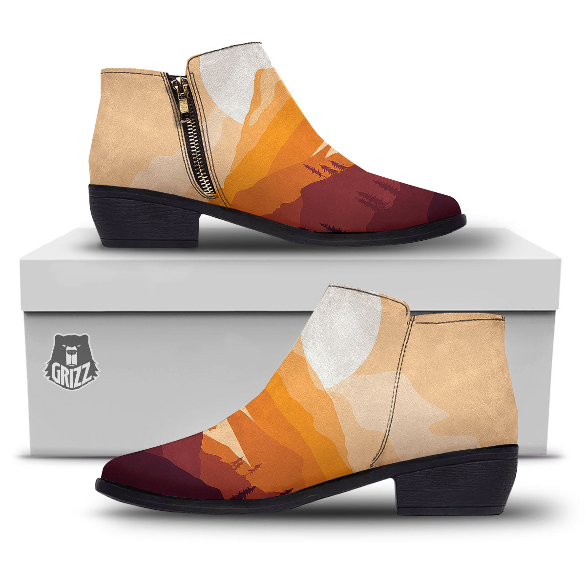 Autumn Mountains Sunset Print Ankle Boots-grizzshop
