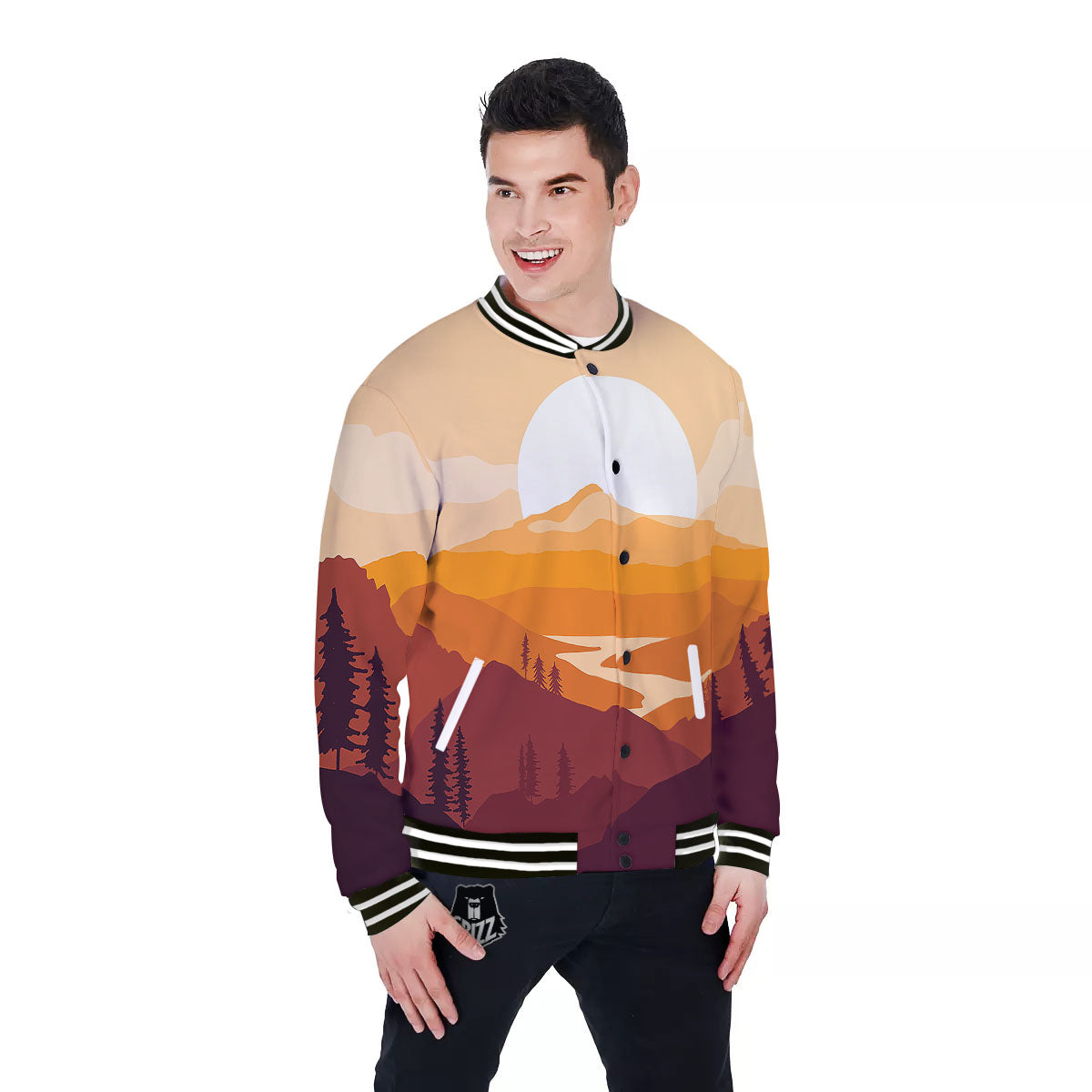 Autumn Mountains Sunset Print Baseball Jacket-grizzshop