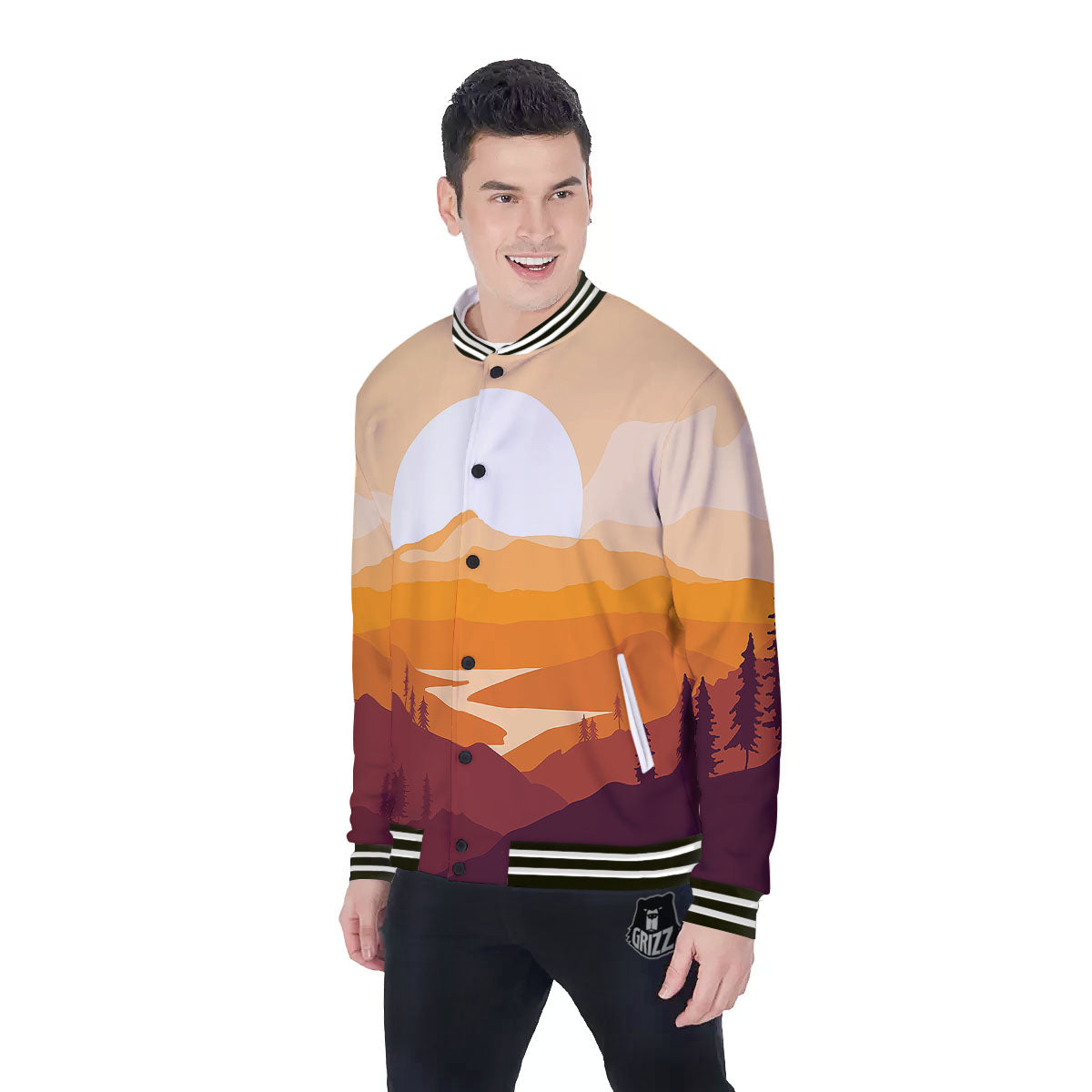 Autumn Mountains Sunset Print Baseball Jacket-grizzshop