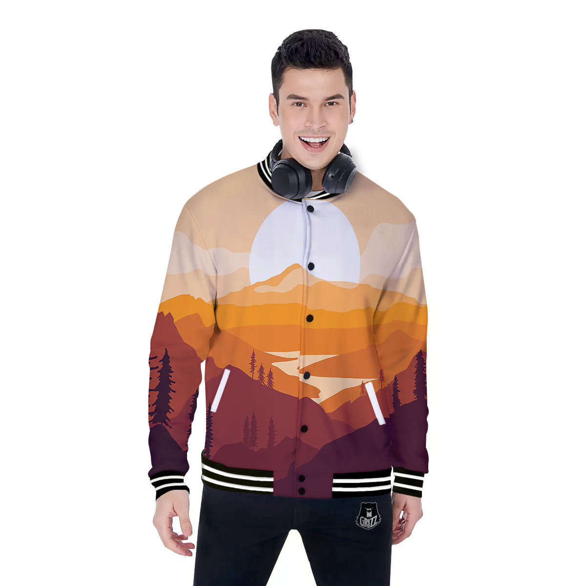 Autumn Mountains Sunset Print Baseball Jacket-grizzshop