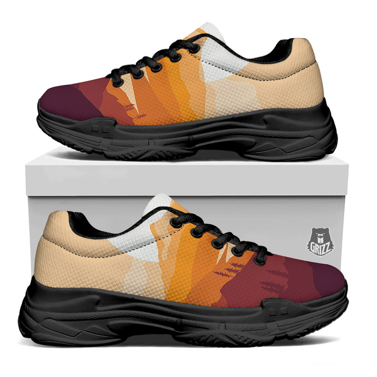 Autumn Mountains Sunset Print Black Chunky Shoes-grizzshop