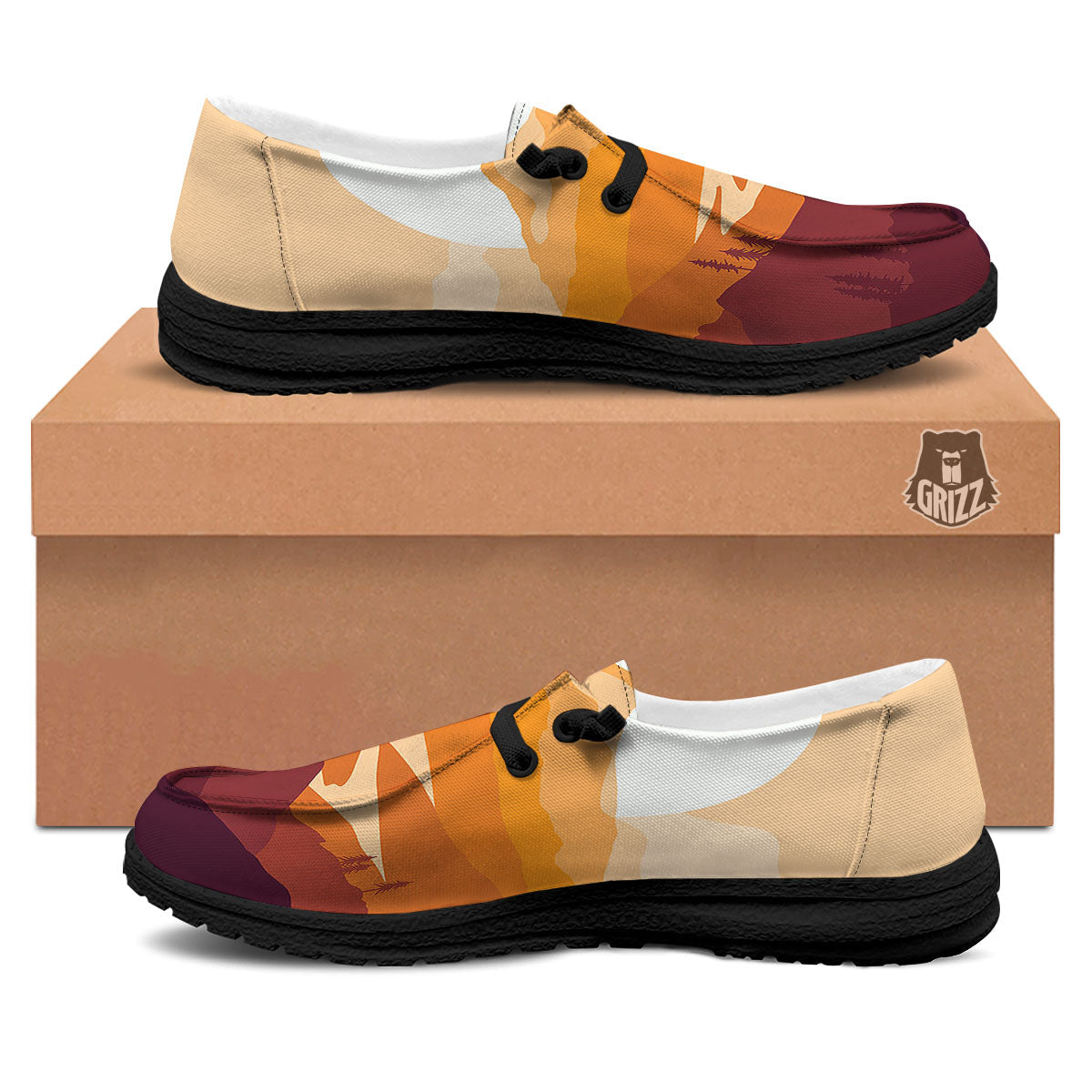 Autumn Mountains Sunset Print Black Loafers-grizzshop