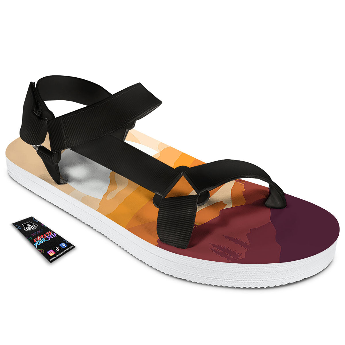 Autumn Mountains Sunset Print Black Open Toe Sandals-grizzshop