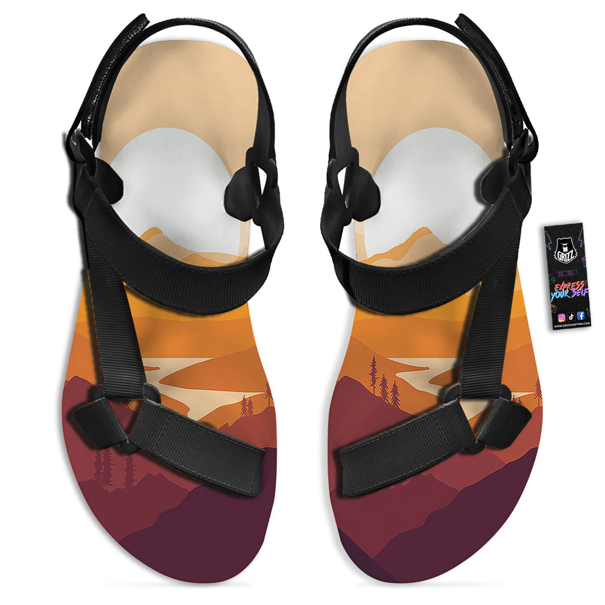 Autumn Mountains Sunset Print Black Open Toe Sandals-grizzshop
