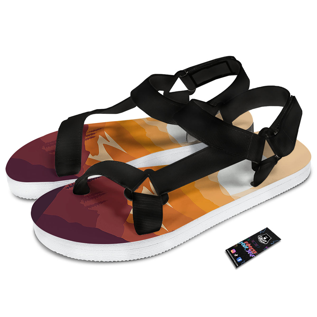 Autumn Mountains Sunset Print Black Open Toe Sandals-grizzshop
