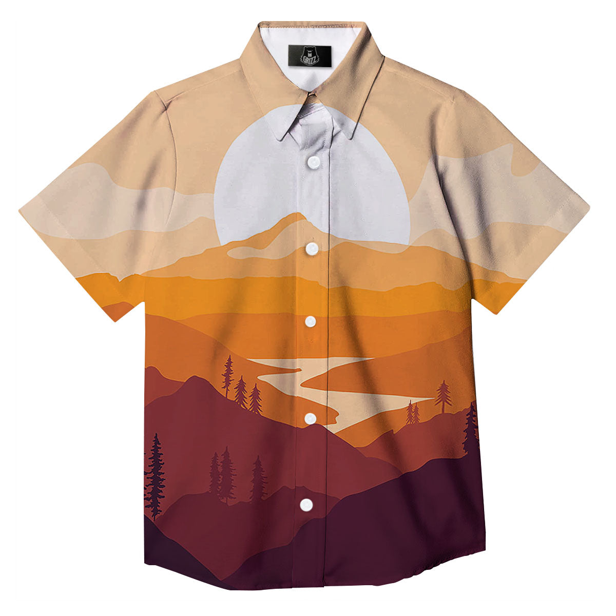 Autumn Mountains Sunset Print Button Up Shirt-grizzshop