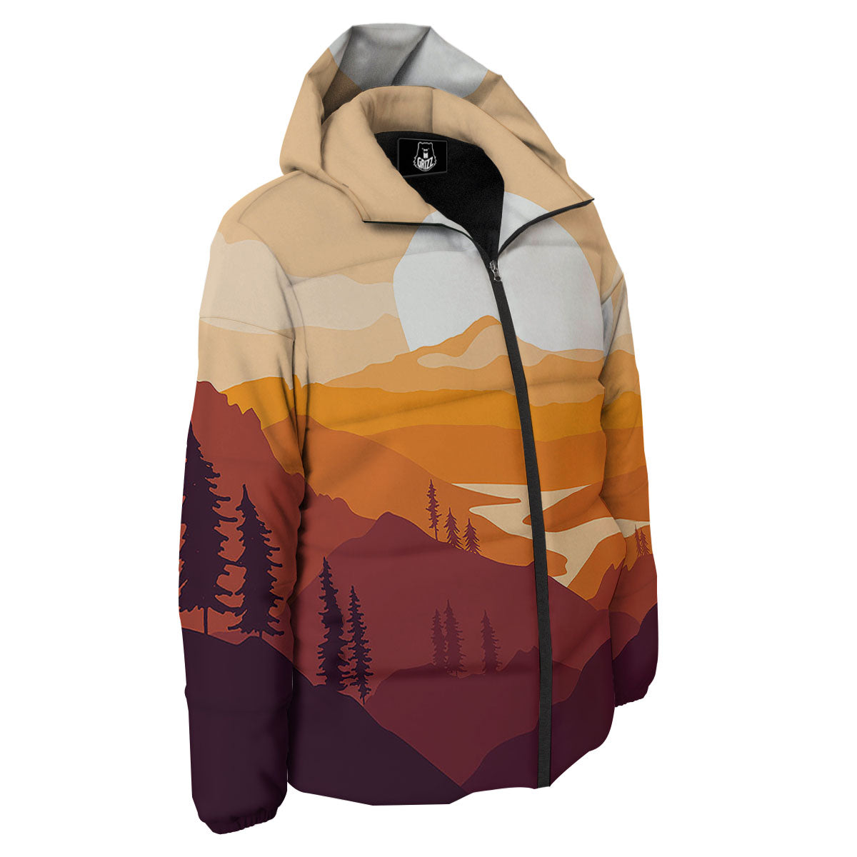 Autumn Mountains Sunset Print Down Jacket-grizzshop