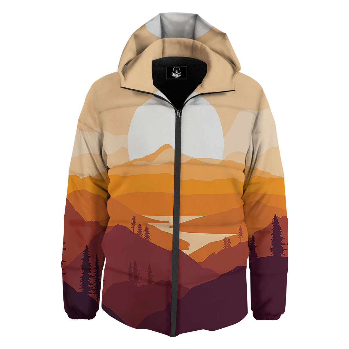 Autumn Mountains Sunset Print Down Jacket-grizzshop