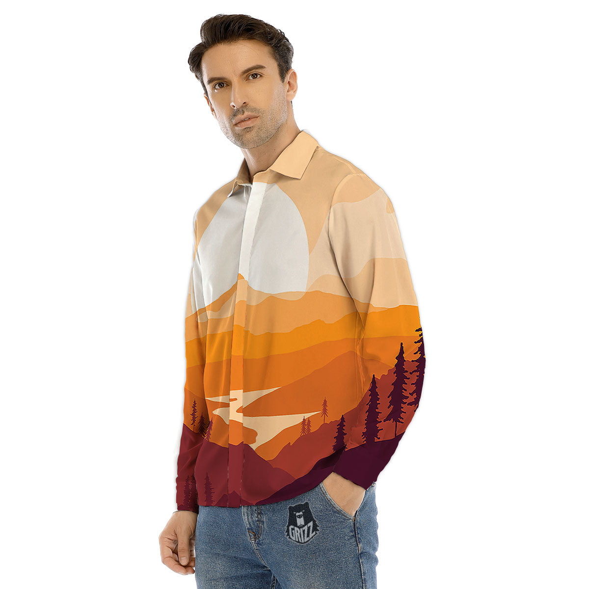 Autumn Mountains Sunset Print Men's Dress Shirts-grizzshop