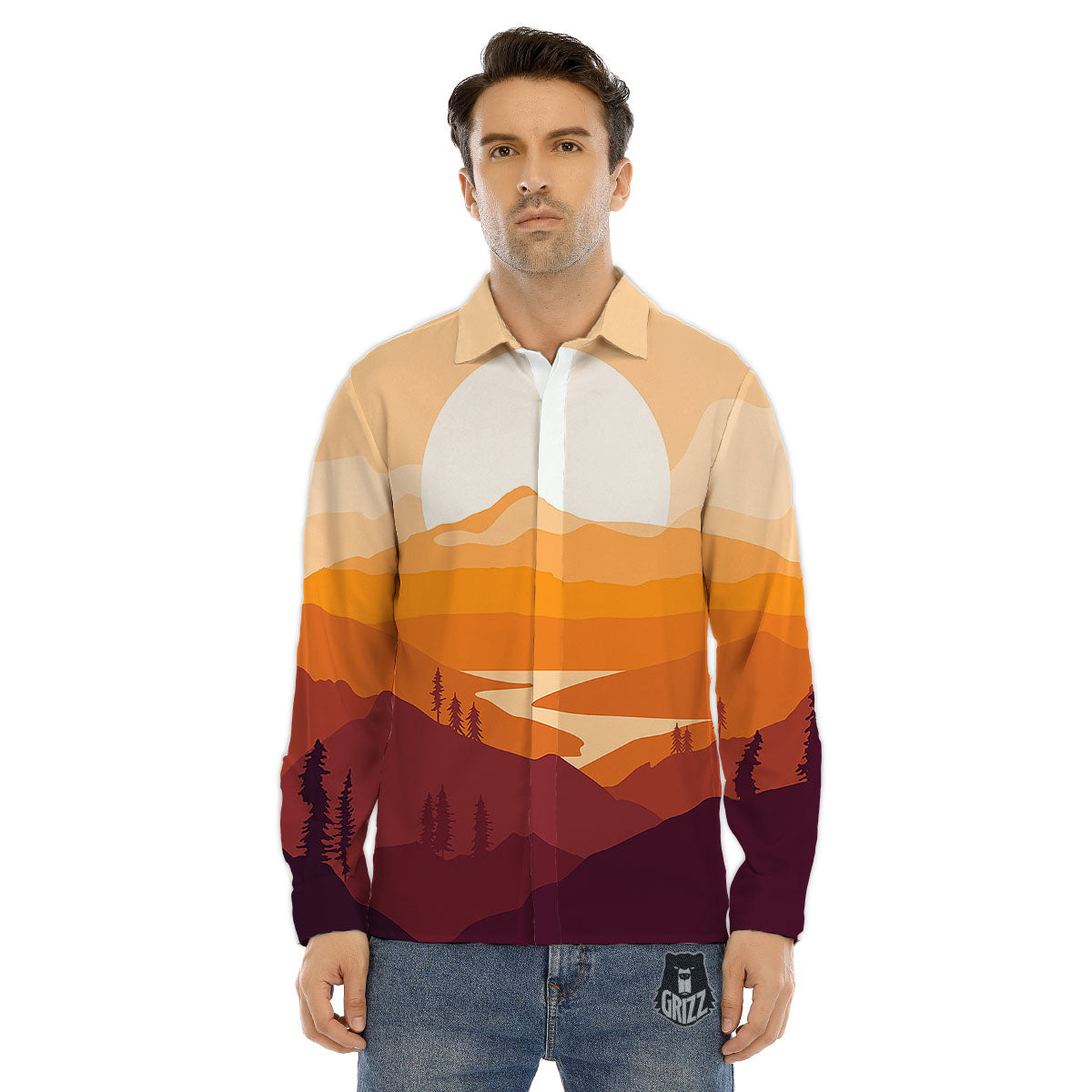 Autumn Mountains Sunset Print Men's Dress Shirts-grizzshop