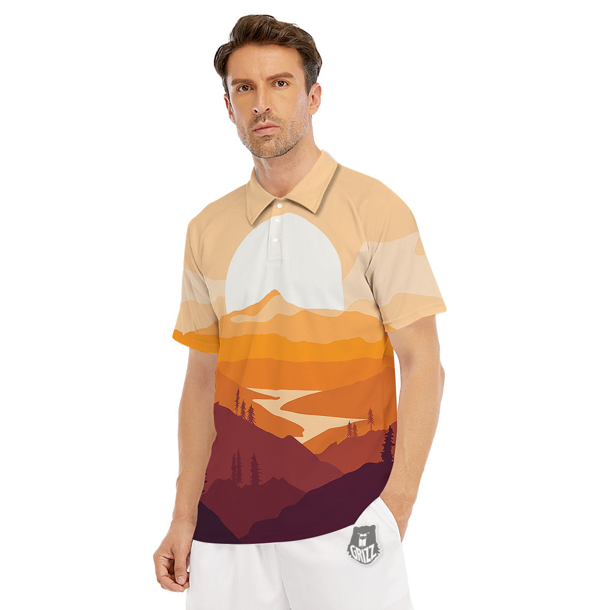 Autumn Mountains Sunset Print Men's Golf Shirts-grizzshop