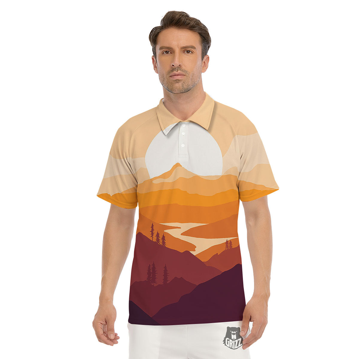 Autumn Mountains Sunset Print Men's Golf Shirts-grizzshop