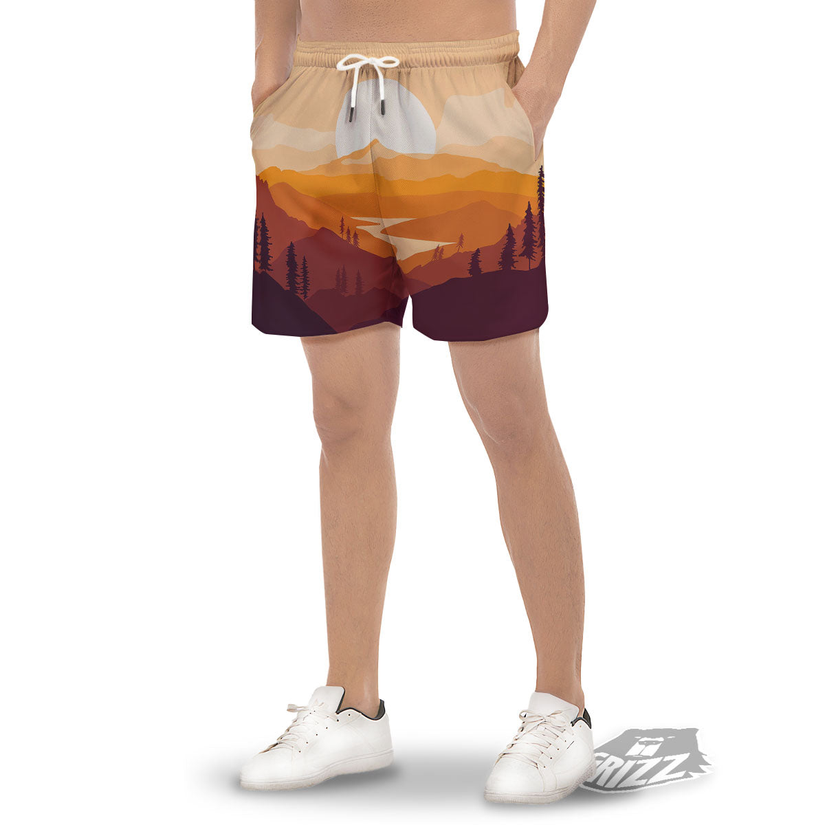 Autumn Mountains Sunset Print Men's Gym Shorts-grizzshop