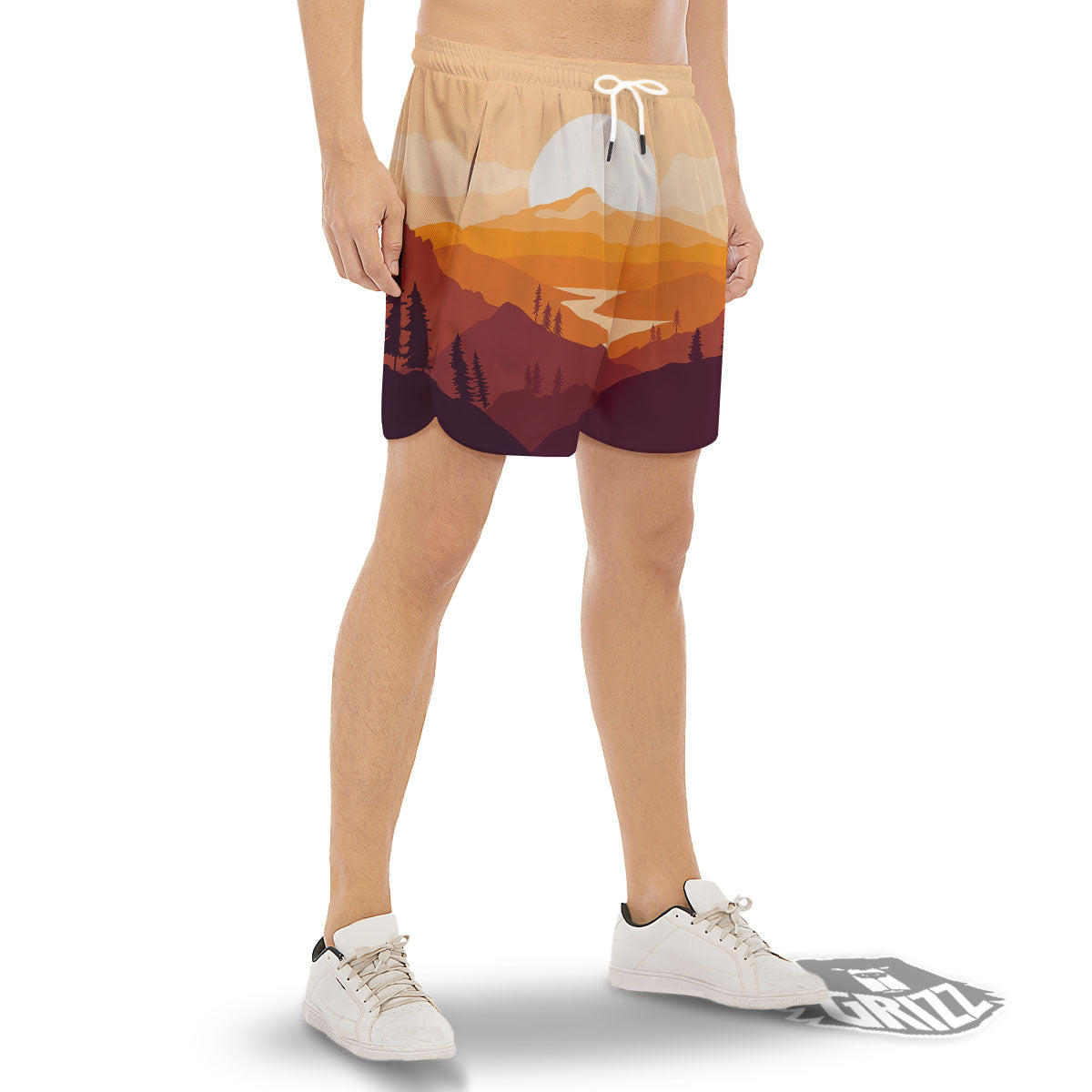 Autumn Mountains Sunset Print Men's Gym Shorts-grizzshop