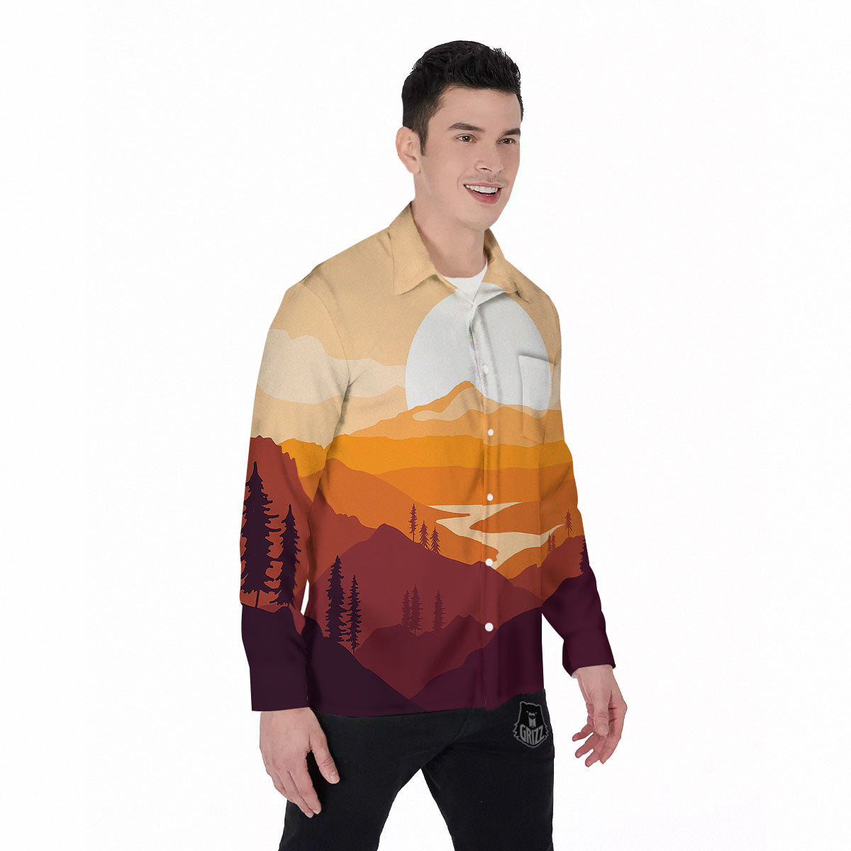 Autumn Mountains Sunset Print Men's Long Sleeve Shirts-grizzshop