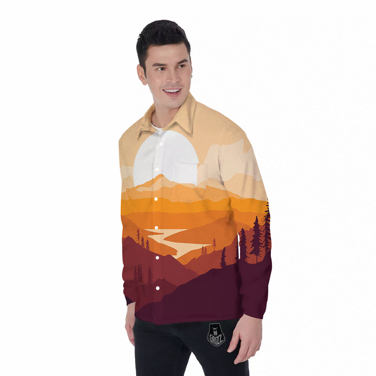 Autumn Mountains Sunset Print Men's Long Sleeve Shirts-grizzshop