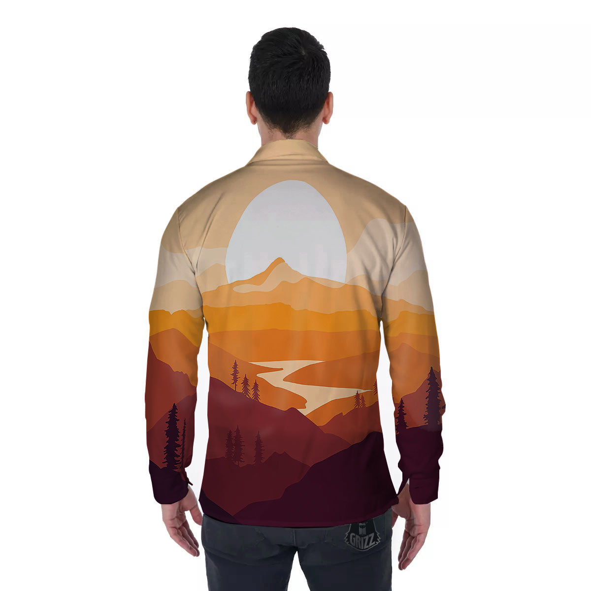 Autumn Mountains Sunset Print Men's Long Sleeve Shirts-grizzshop