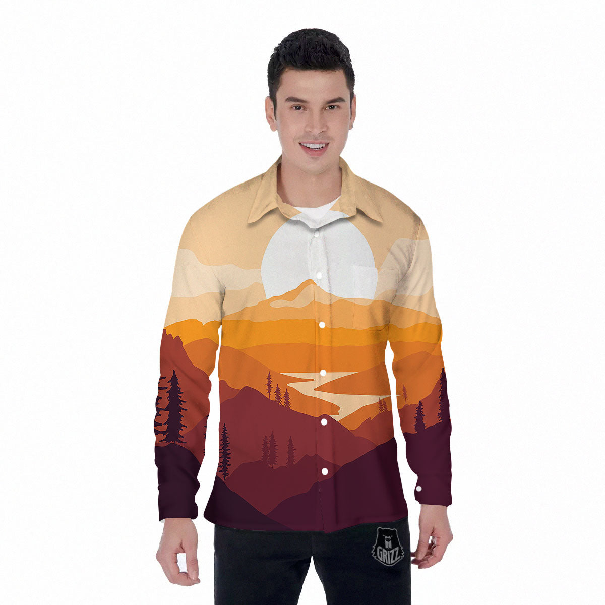 Autumn Mountains Sunset Print Men's Long Sleeve Shirts-grizzshop