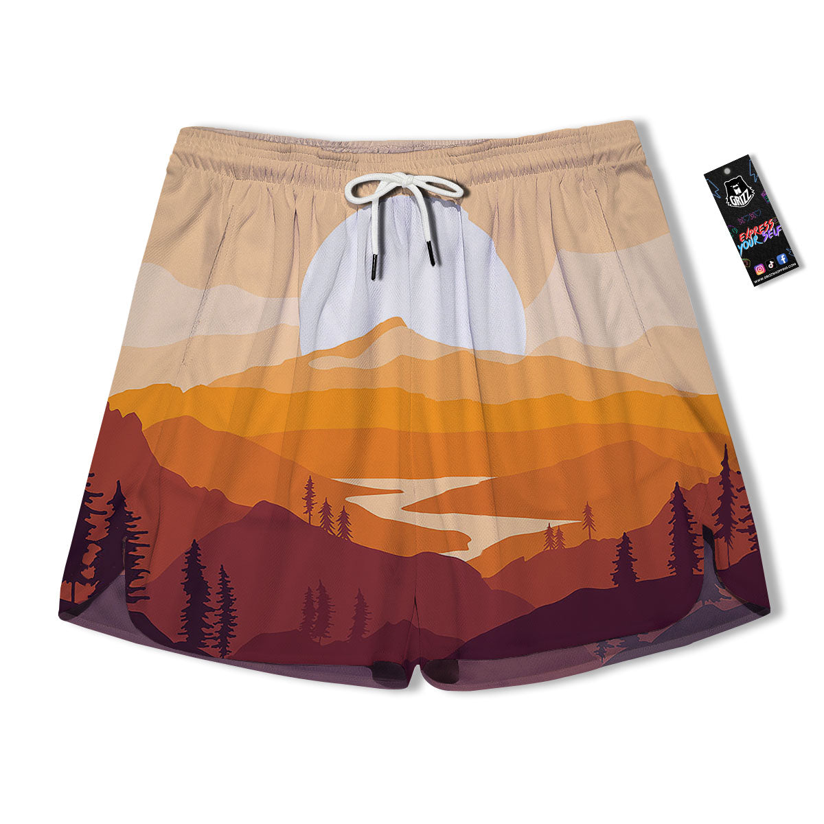 Autumn Mountains Sunset Print Men's Running Shorts-grizzshop