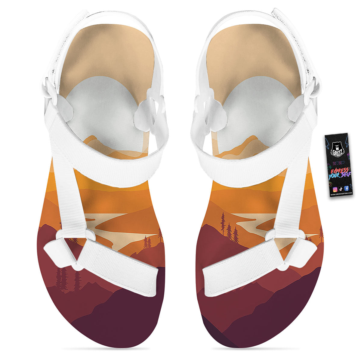 Autumn Mountains Sunset Print White Open Toe Sandals-grizzshop