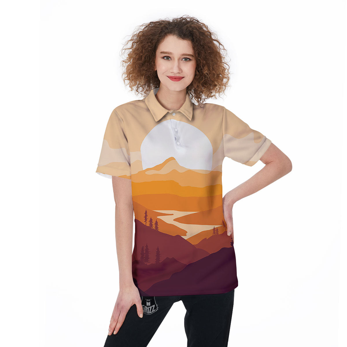Autumn Mountains Sunset Print Women's Golf Shirts-grizzshop