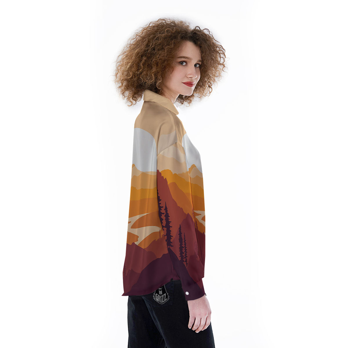 Autumn Mountains Sunset Print Women's Long Sleeve Shirts-grizzshop