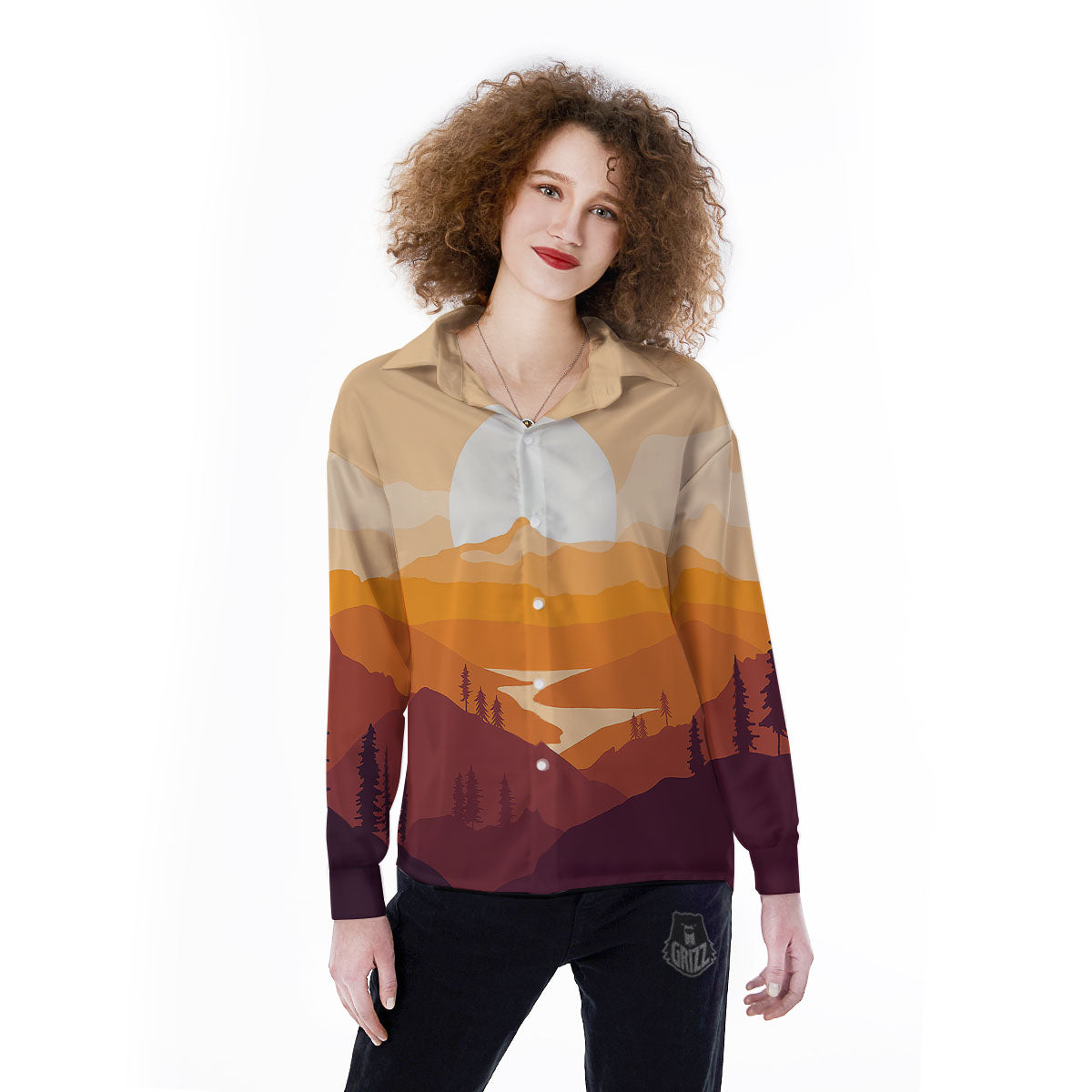 Autumn Mountains Sunset Print Women's Long Sleeve Shirts-grizzshop