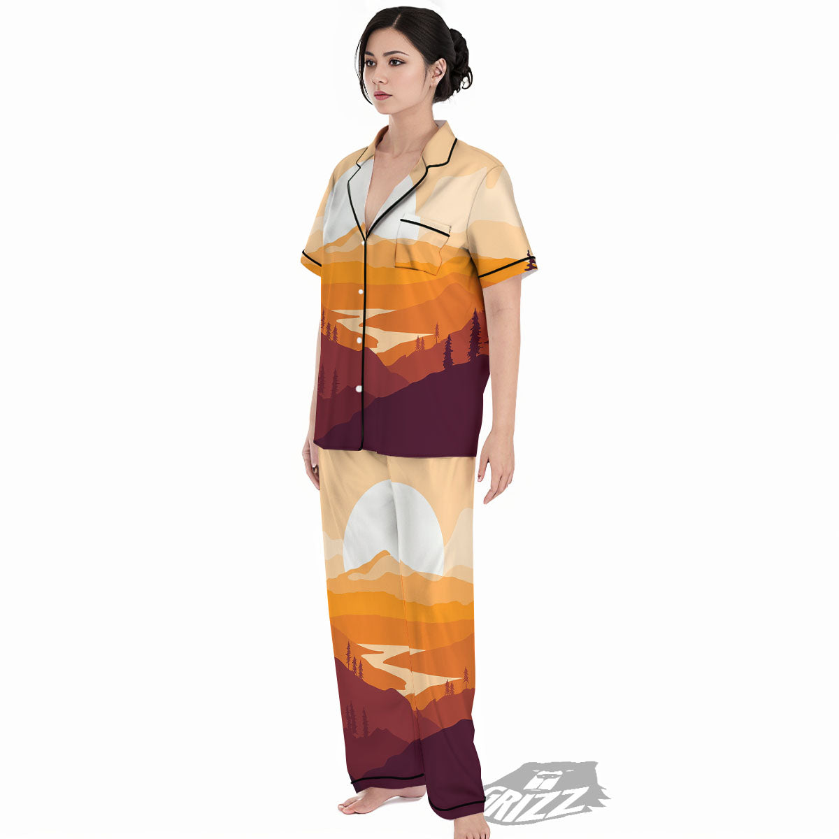 Autumn Mountains Sunset Print Women's Pajamas Set-grizzshop