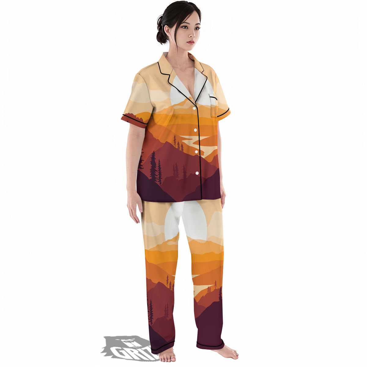 Autumn Mountains Sunset Print Women's Pajamas Set-grizzshop