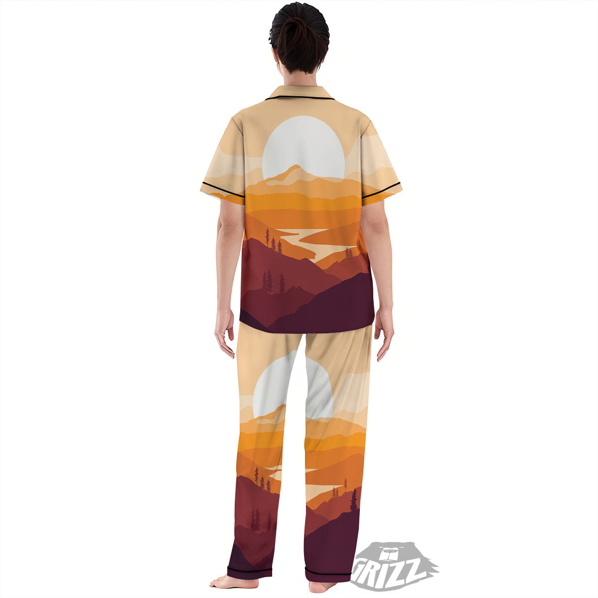 Autumn Mountains Sunset Print Women's Pajamas Set-grizzshop
