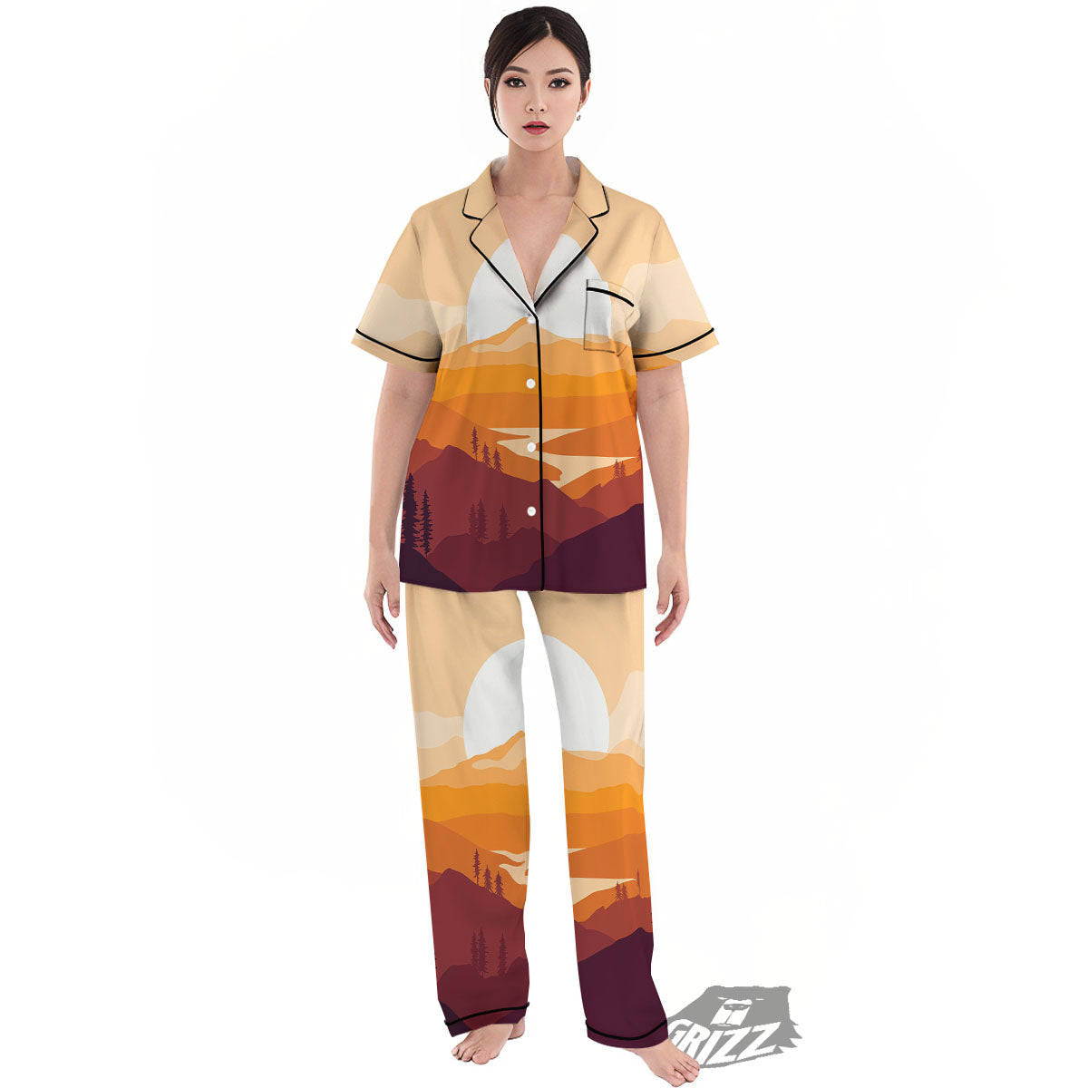 Autumn Mountains Sunset Print Women's Pajamas Set-grizzshop