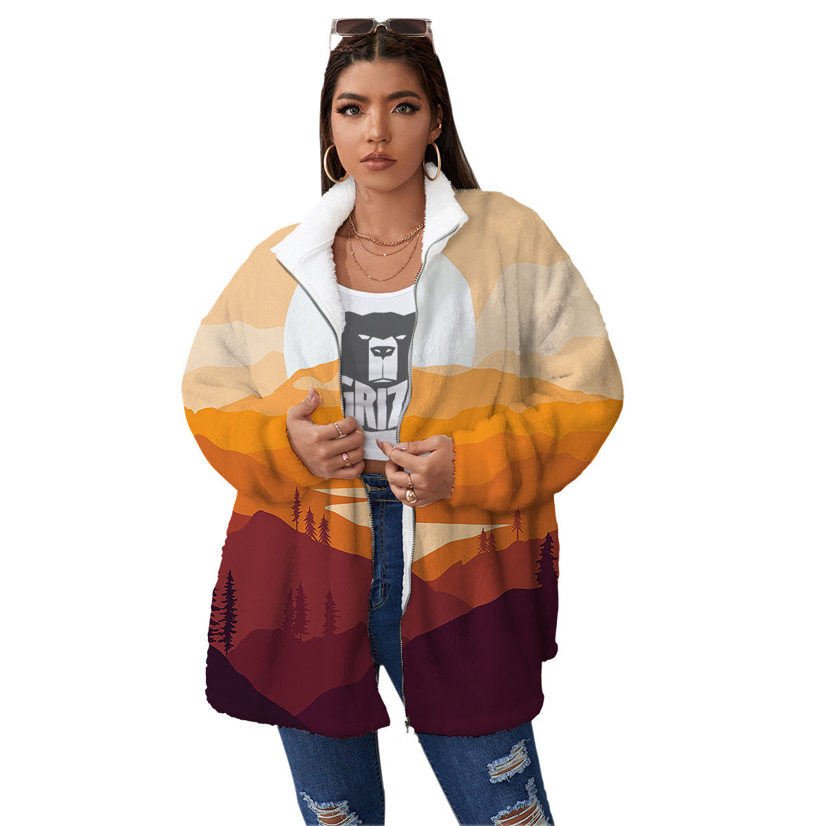 Autumn Mountains Sunset Print Women's Sherpa Jacket-grizzshop
