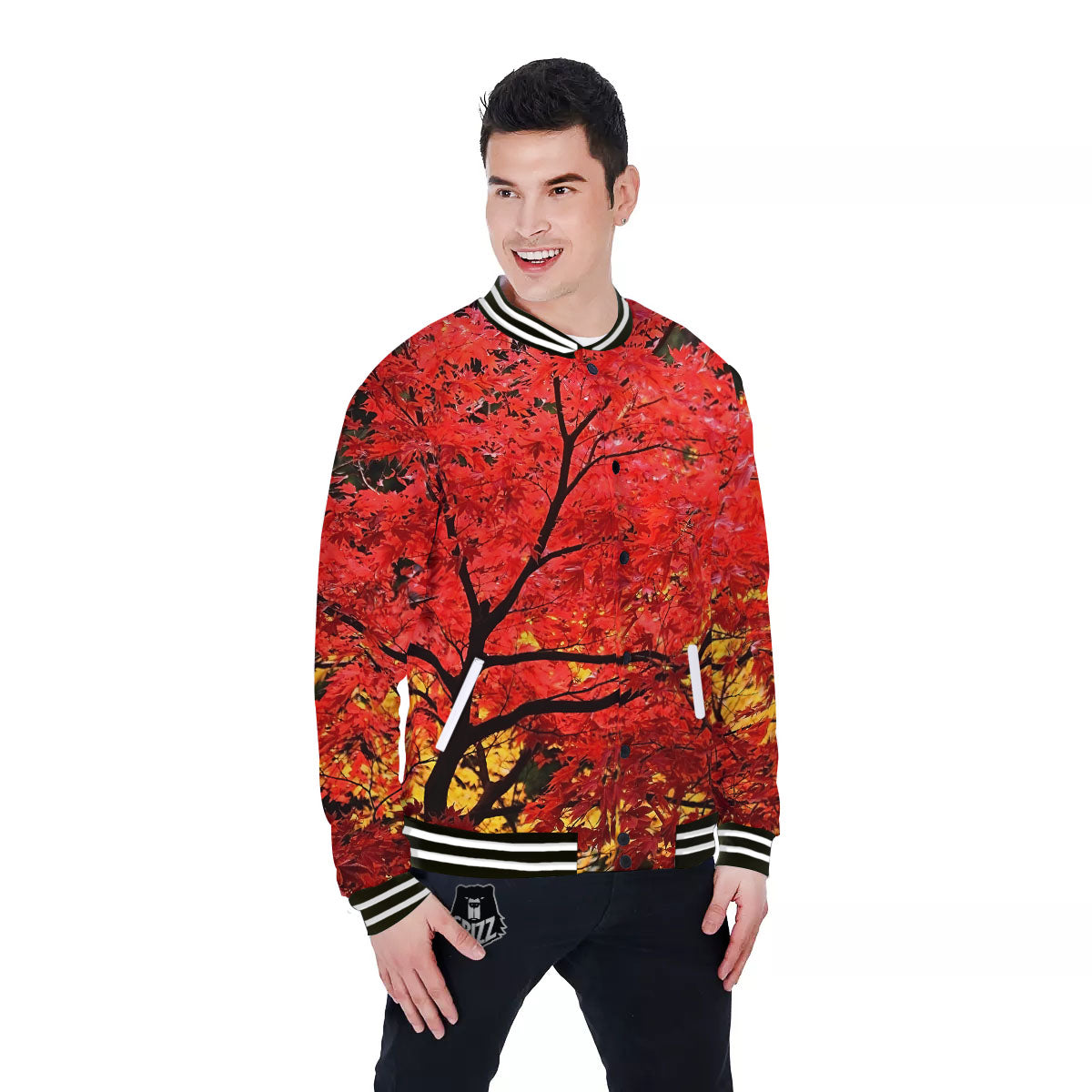 Autumn Trees Red Print Baseball Jacket-grizzshop