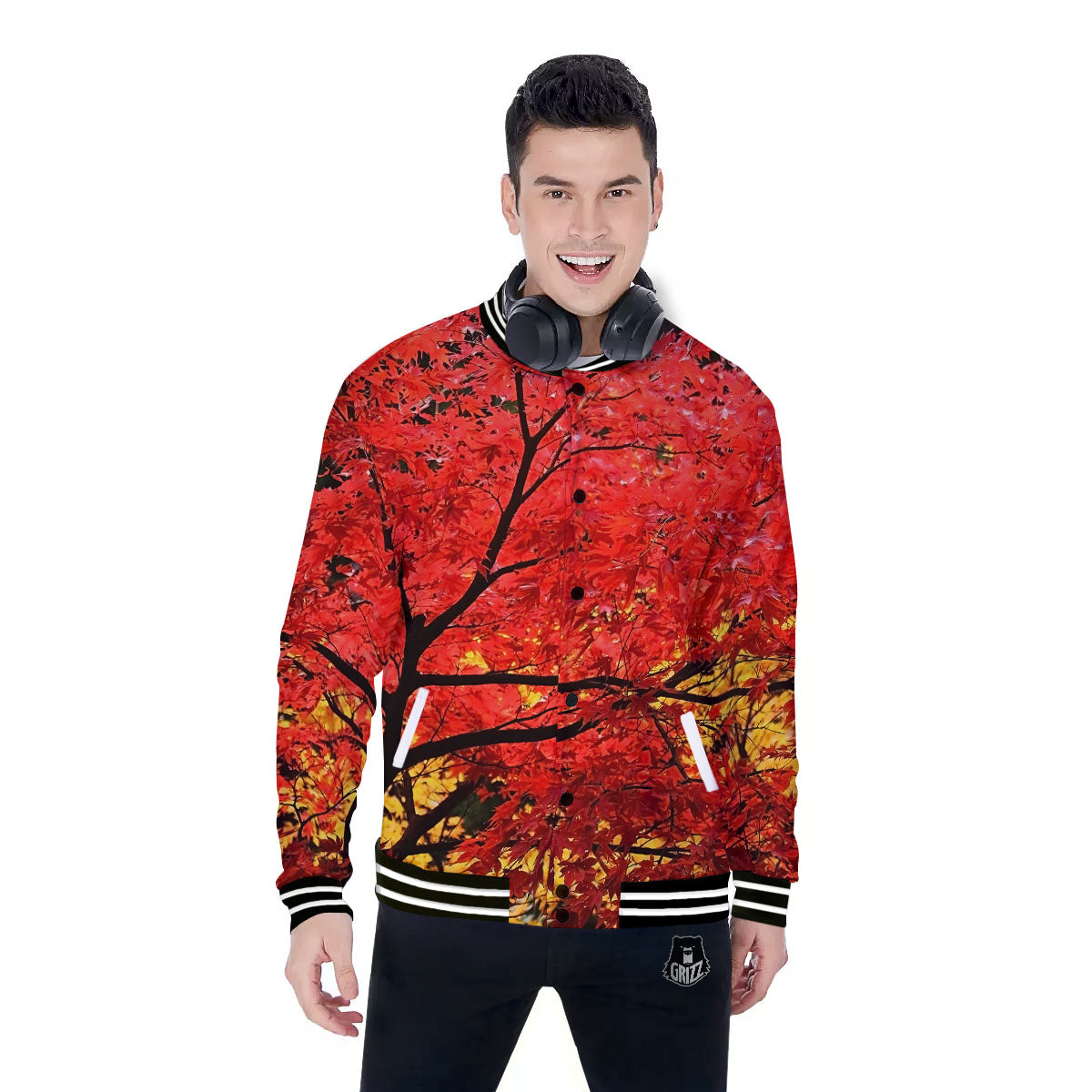Autumn Trees Red Print Baseball Jacket-grizzshop