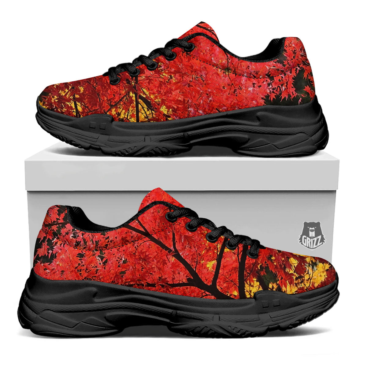 Autumn Trees Red Print Black Chunky Shoes-grizzshop
