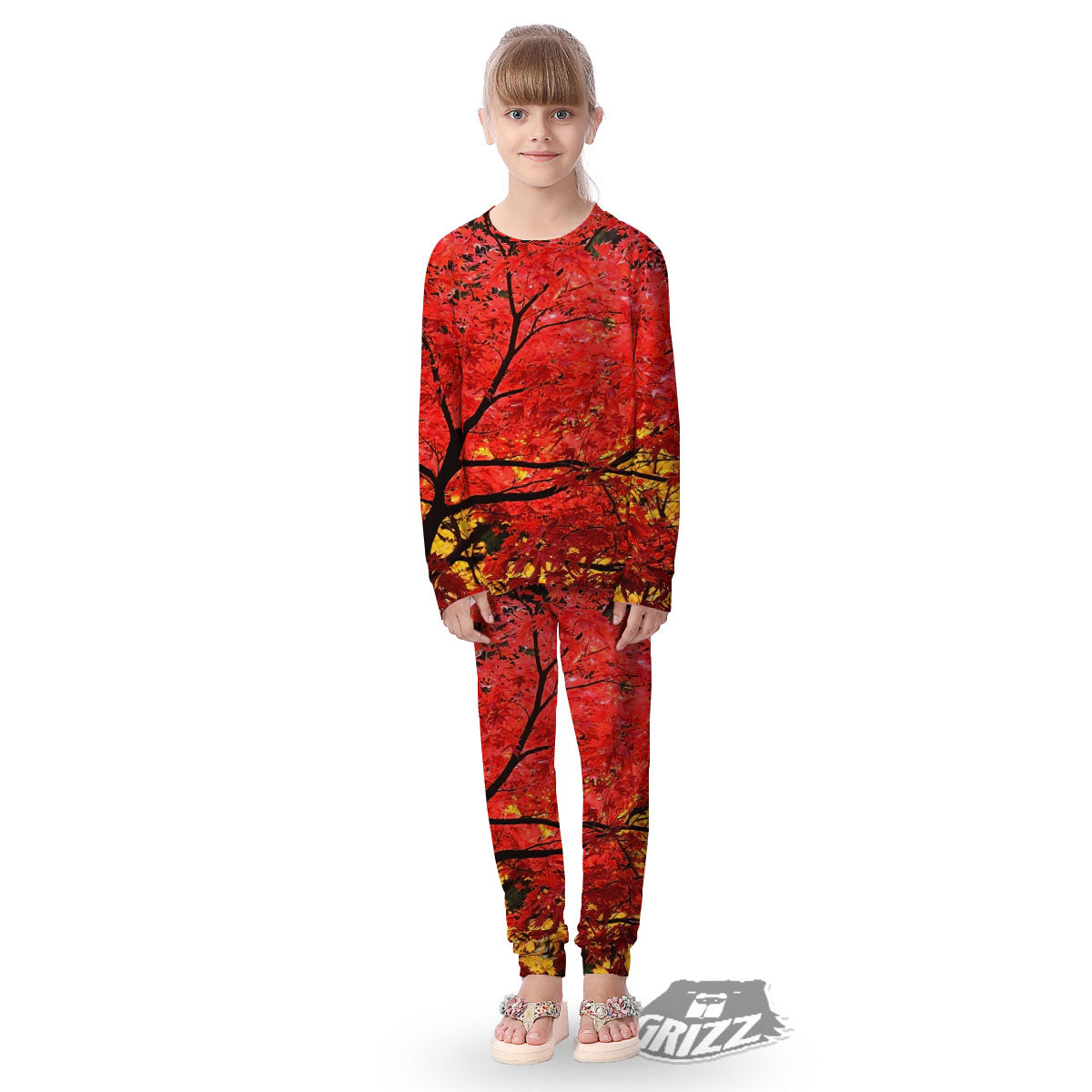 Autumn Trees Red Print Kid's Pajamas-grizzshop