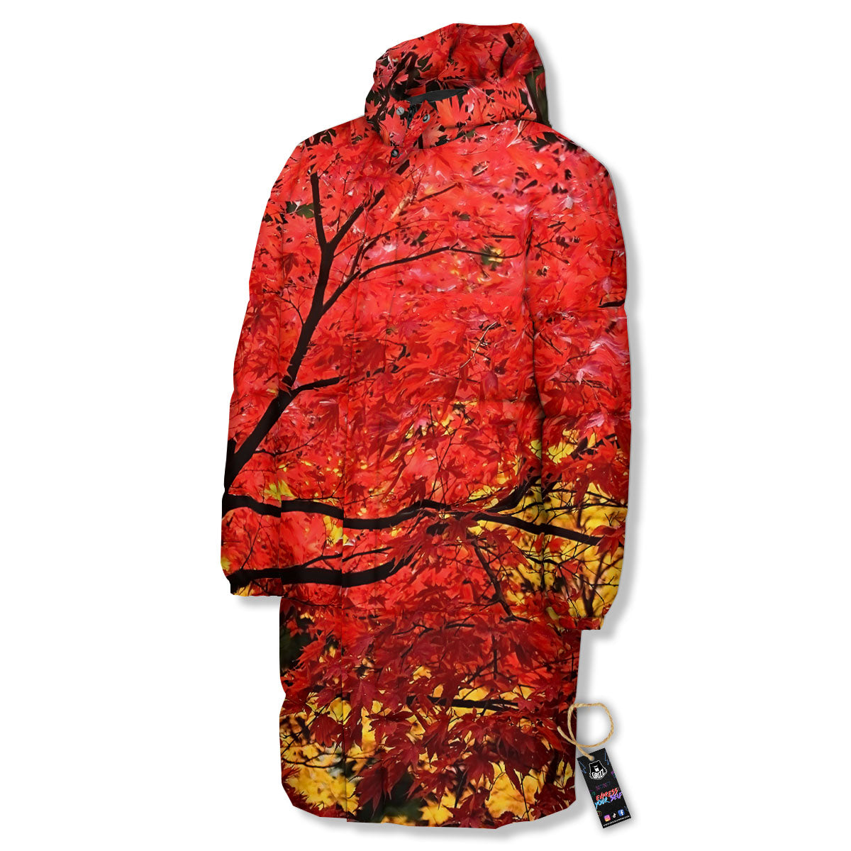 Autumn Trees Red Print Long Down Jacket-grizzshop