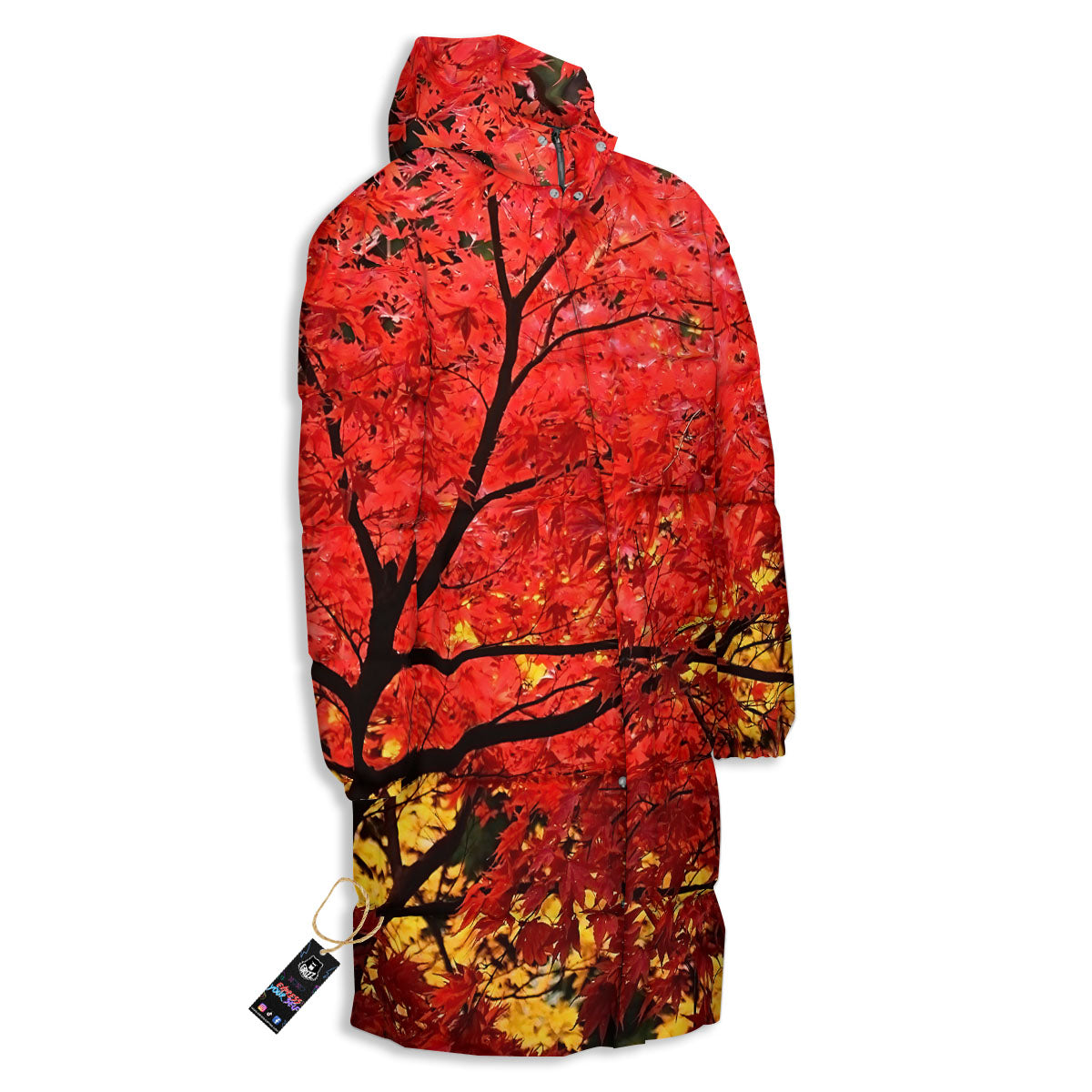 Autumn Trees Red Print Long Down Jacket-grizzshop