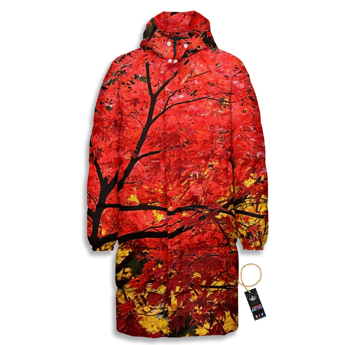 Autumn Trees Red Print Long Down Jacket-grizzshop