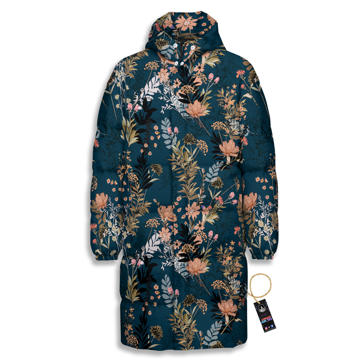 Autumn Vintage Print Pattern Long Down Jacket-grizzshop